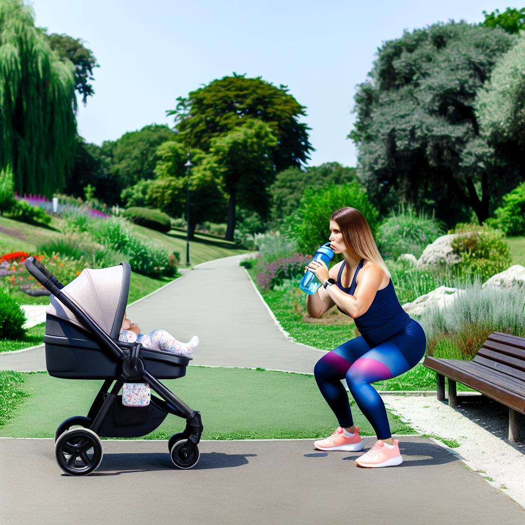 A busy mom with a baby in a stroller doing squats in a park while holding a water bottle.