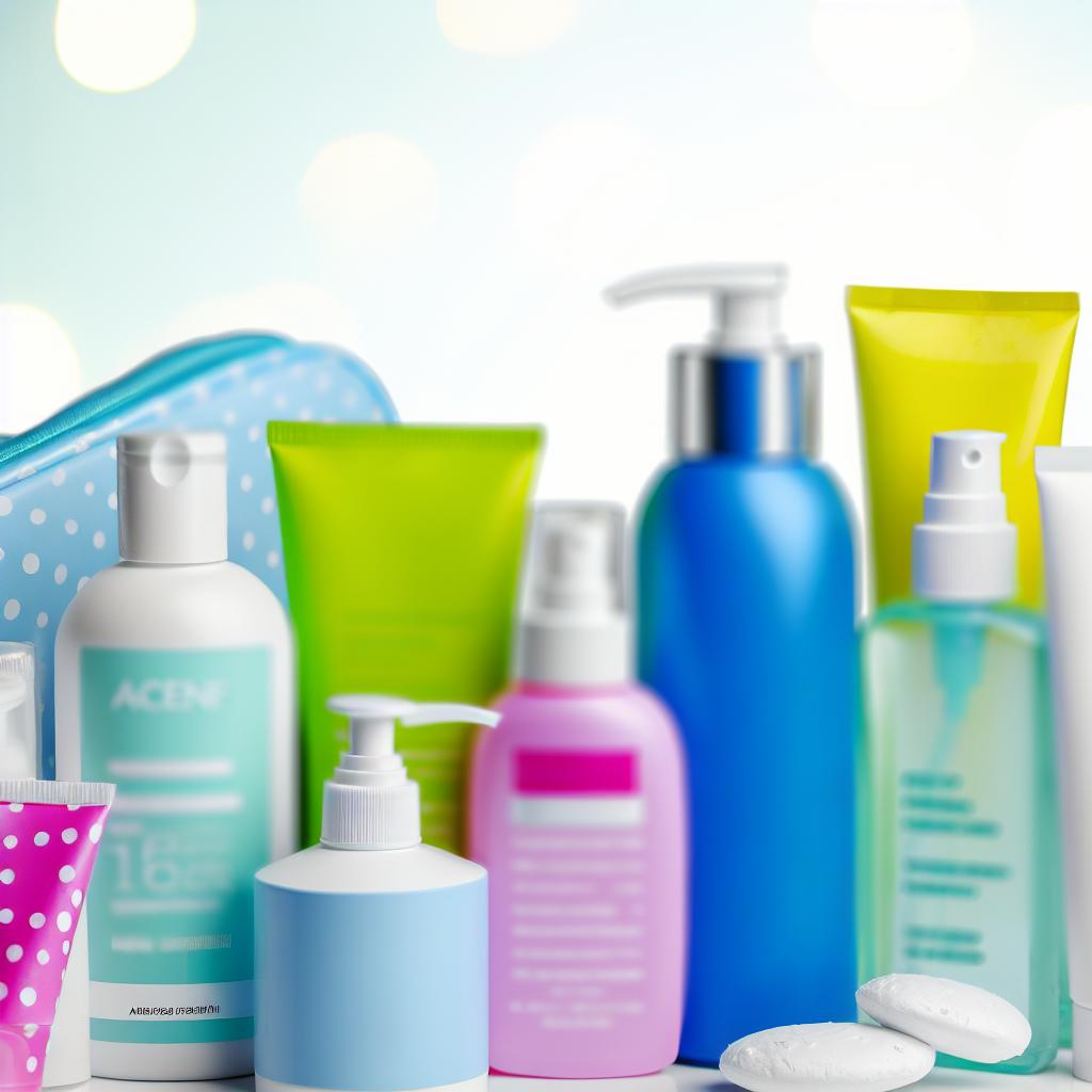 A close-up image of a variety of skincare products specifically designed for teenagers, including cleansers, moisturizers, and acne treatments.