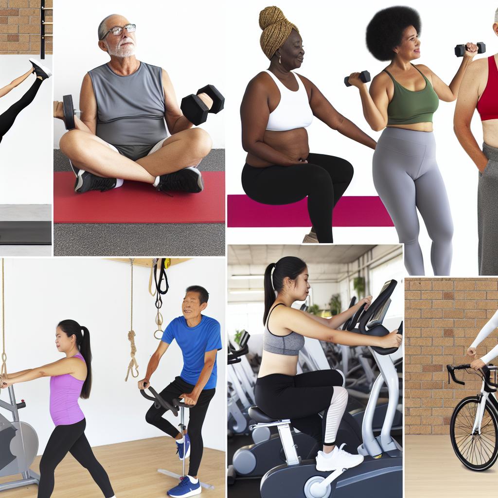 A diverse group of people of different ages, genders, and body types participating in various fitness activities in a gym setting.