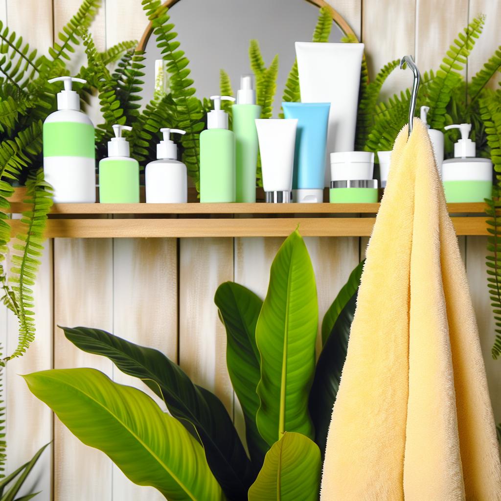 A luxurious spa-like bathroom setting with various skincare products neatly organized on a shelf, including moisturizers, serums, and exfoliators. A soft, plush towel hangs nearby, and a refreshing green plant adds a touch of natural beauty to the scene.