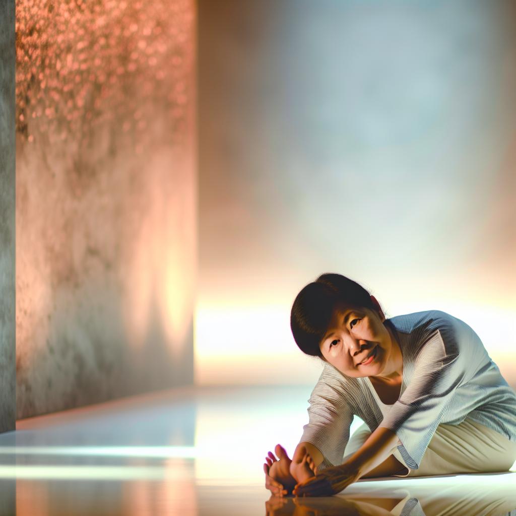 A person gracefully stretching in a yoga pose, surrounded by soft lighting and serene atmosphere.