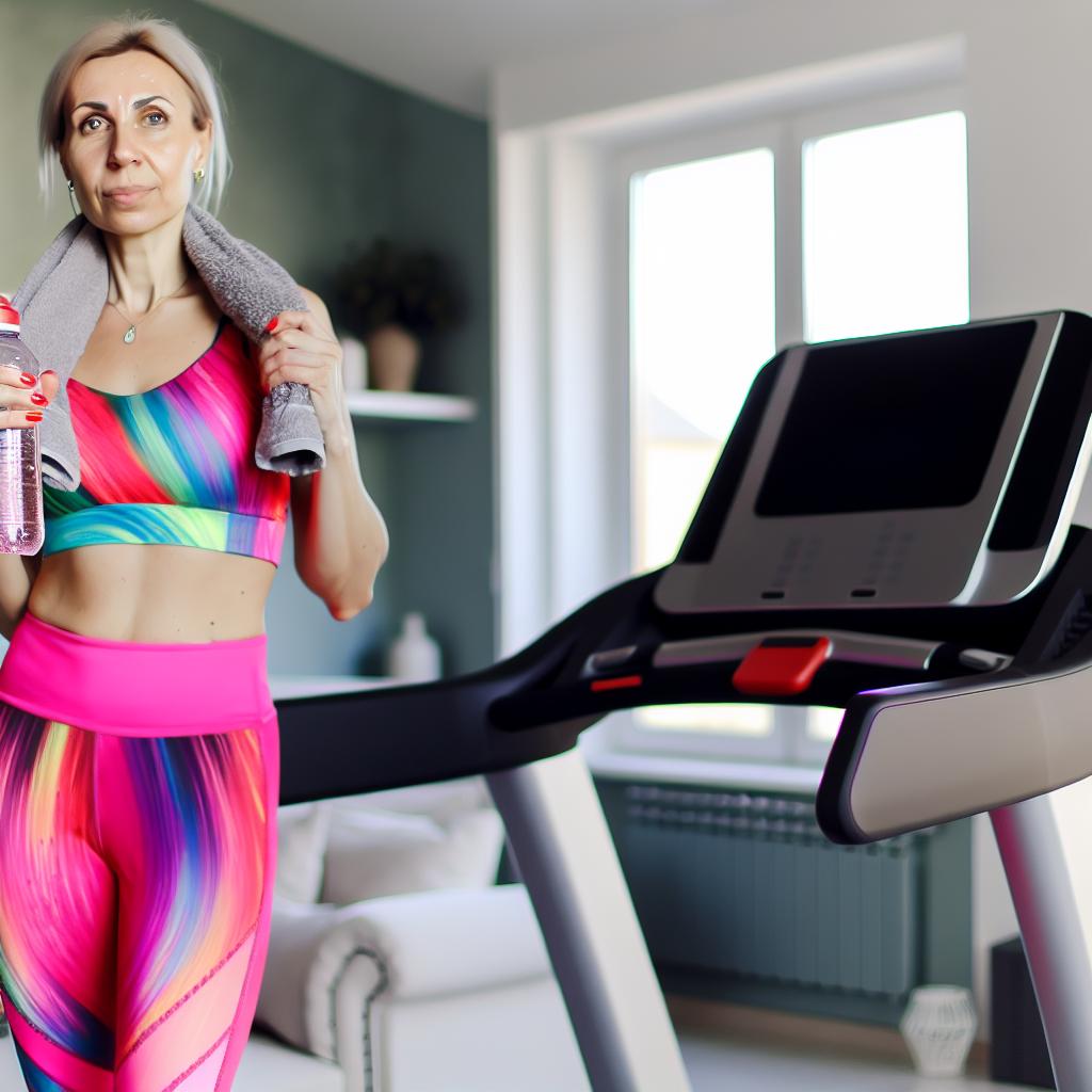 A person in workout clothes standing in front of a treadmill with a water bottle and towel, looking determined and ready to start their fitness journey.