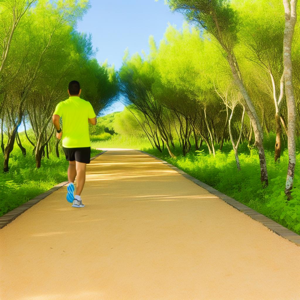 A person jogging along a serene nature trail, surrounded by lush green trees and a clear blue sky above.