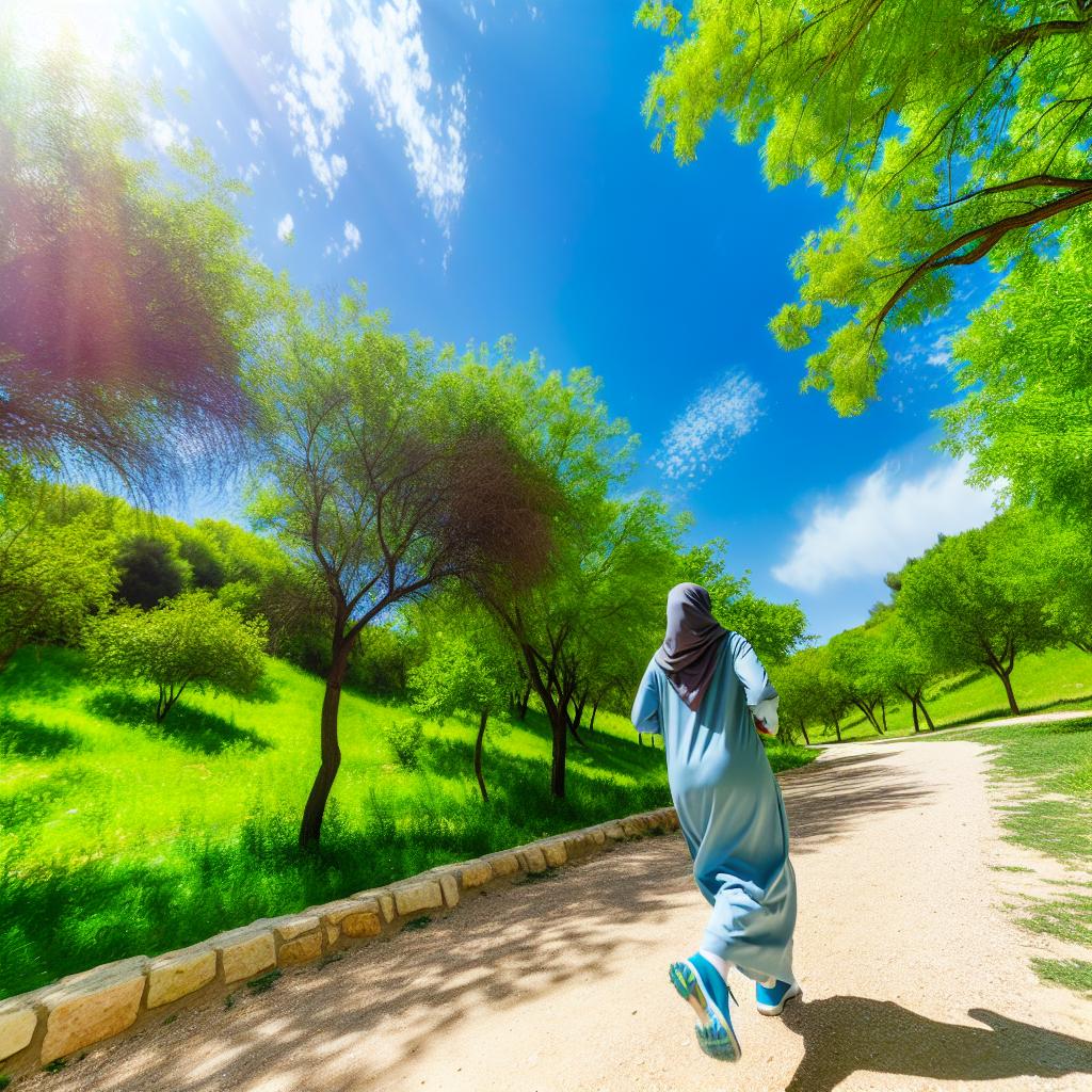 A person running along a scenic trail with a clear blue sky above and lush green trees lining the path.