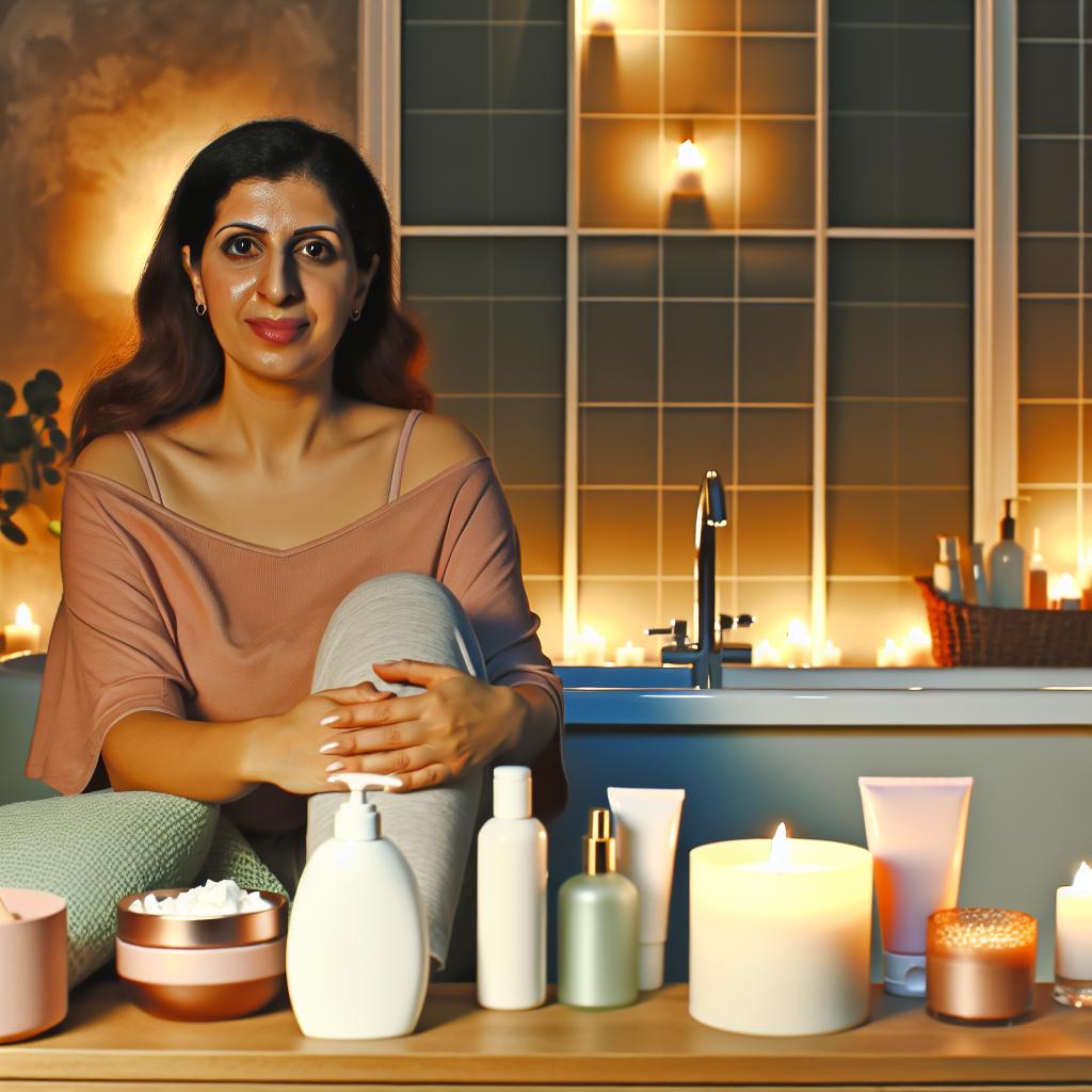 A person sitting in a cozy bathroom, surrounded by various personal care products like lotions, candles, and skincare items. The room is softly lit and the person looks relaxed and content as they engage in their self-care routine.