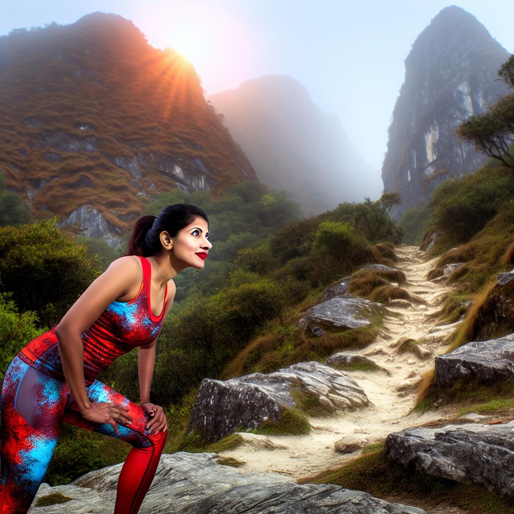 A person wearing workout clothes, standing at the bottom of a mountain trail, looking up at the steep path ahead with determination and excitement.