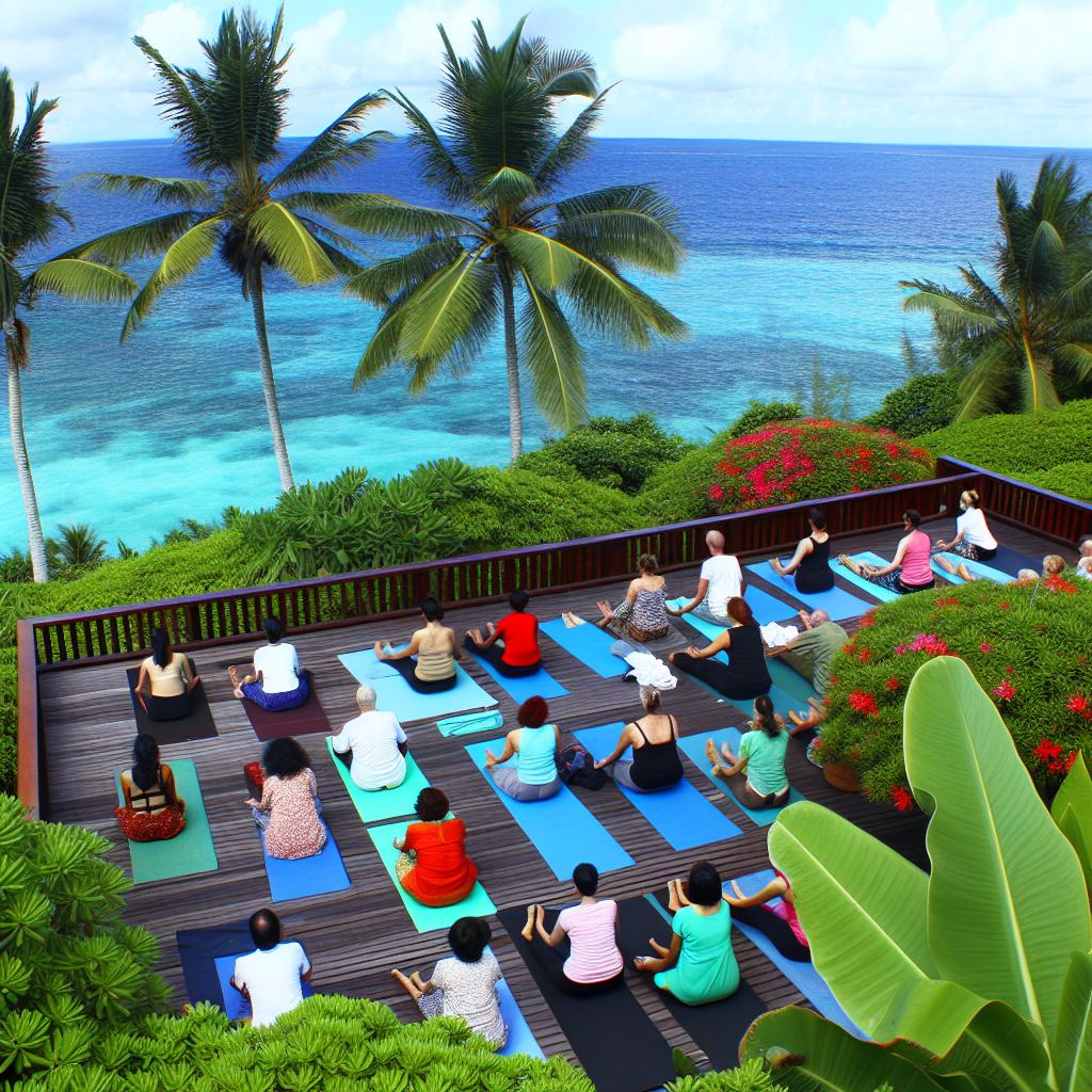 A serene and lush tropical retreat surrounded by crystal-clear waters and vibrant greenery. Guests practice yoga on a wooden deck overlooking the ocean, surrounded by palm trees and colorful flowers. The retreat exudes tranquility and relaxation.