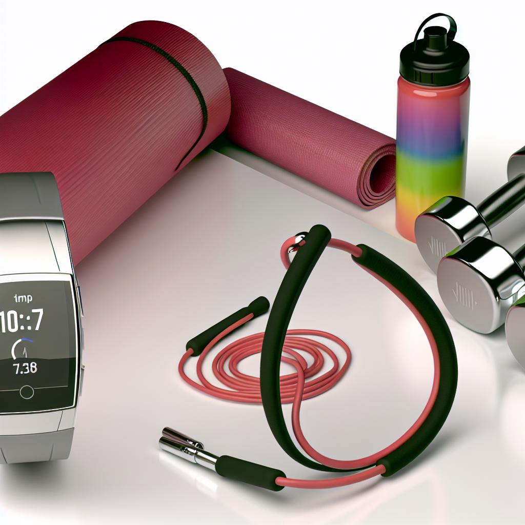A sleek and modern fitness watch displayed on a white background with various workout equipment scattered around it.