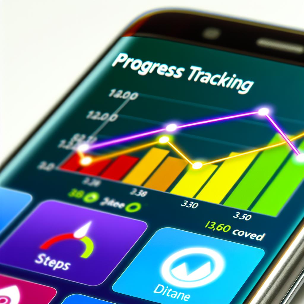 A smartphone screen displaying various fitness apps with colorful graphs and statistics tracking progress.