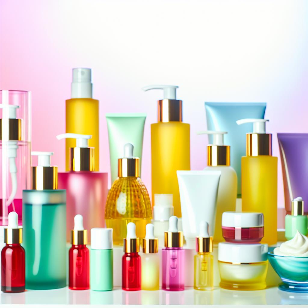 A vibrant and colorful display of skincare products, including cleansers, moisturizers, and serums, tailored for combination skin types.
